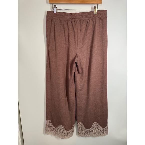LOGO Lori Goldstein Lounge Pants Size L Mauve/Brown Wide Leg Crop Lace Trim Cozy - Picture 6 of 9